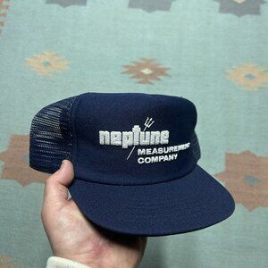Vintage 80s trucker hat mesh cap Neptune measurement company blue USA snapback
